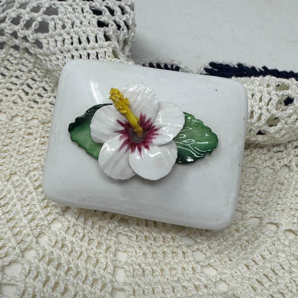 Artone England Hand Painted Bone China Trinket Box White Hibiscus Flower Vintage